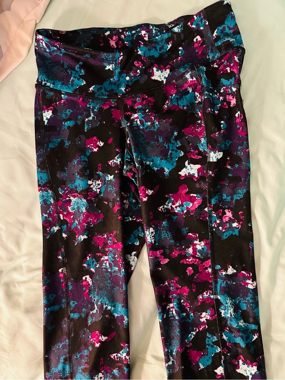 Old Navy Black Leggings with Pink, Teal & Purple Abstract Print